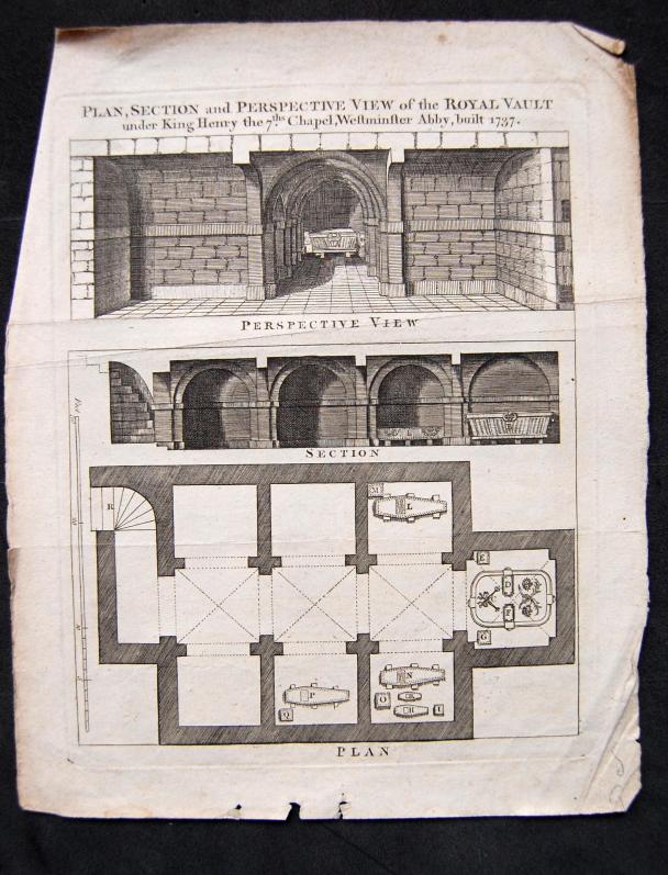 A sheet of paper titled: Plan, section and perspective view of the royal vault under King Henry the 7th's Chapel, Westminster Abbey, built 1737. Depicts plans of where coffins lie.