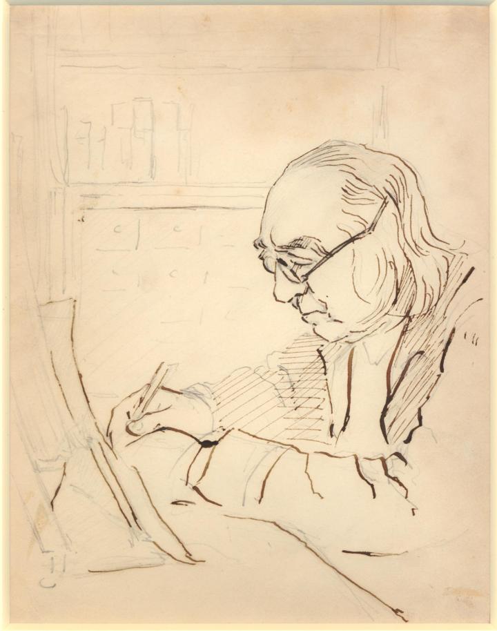 An ink line half-length portrait of Jeremy Bentham. Seated, he is writing on a desk, in almost profile looking left. He has medium length hair and is wearing spectacles. 