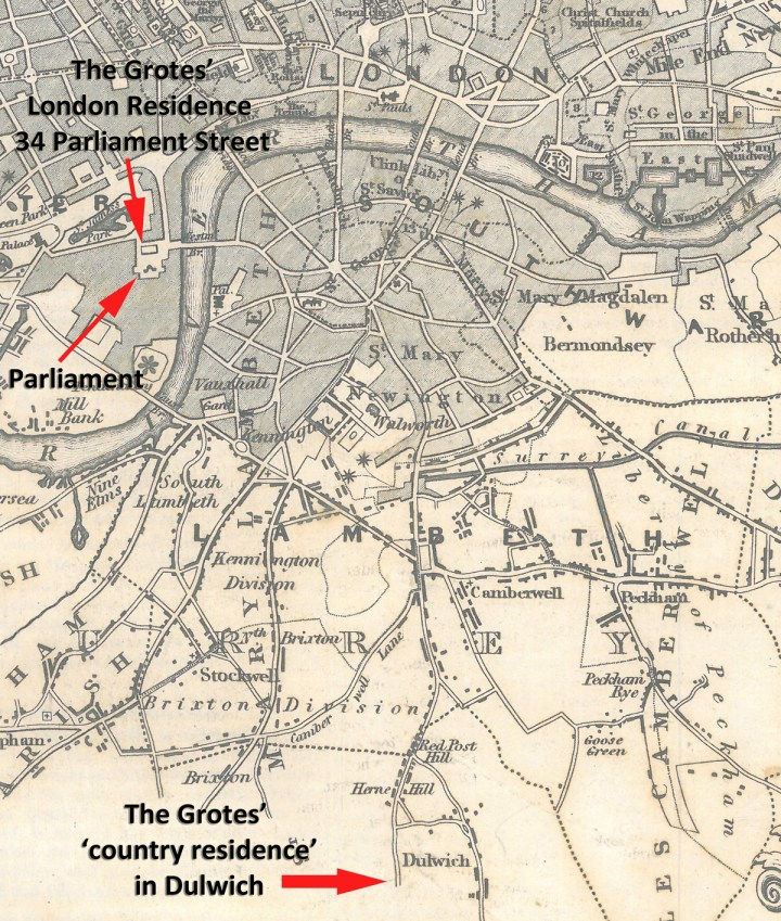 An 1800s map of the centre of London. Just north of the river and left of it there are two arrows pointed close to each other labelled 'The Grotes' London residence 34 Parliament Street' and 'Parliament. Right at the centre bottom of the map is another arrow labelled 'The Grotes' 'country residence' in Dulwich'. 