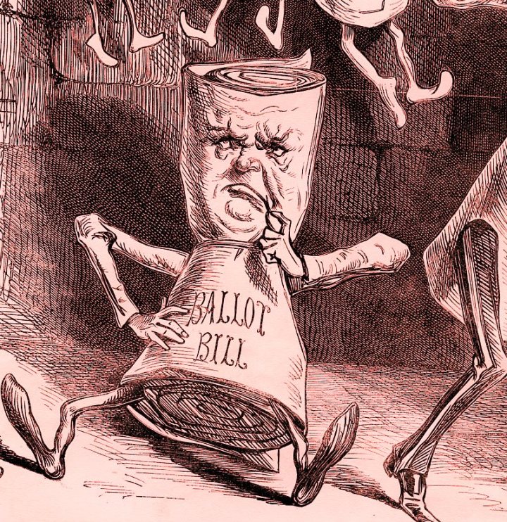Cartoon sketch of a rolled up paper, with arms, legs and a face. On the paper reads 'ballot bill'. The face has a sad expression.