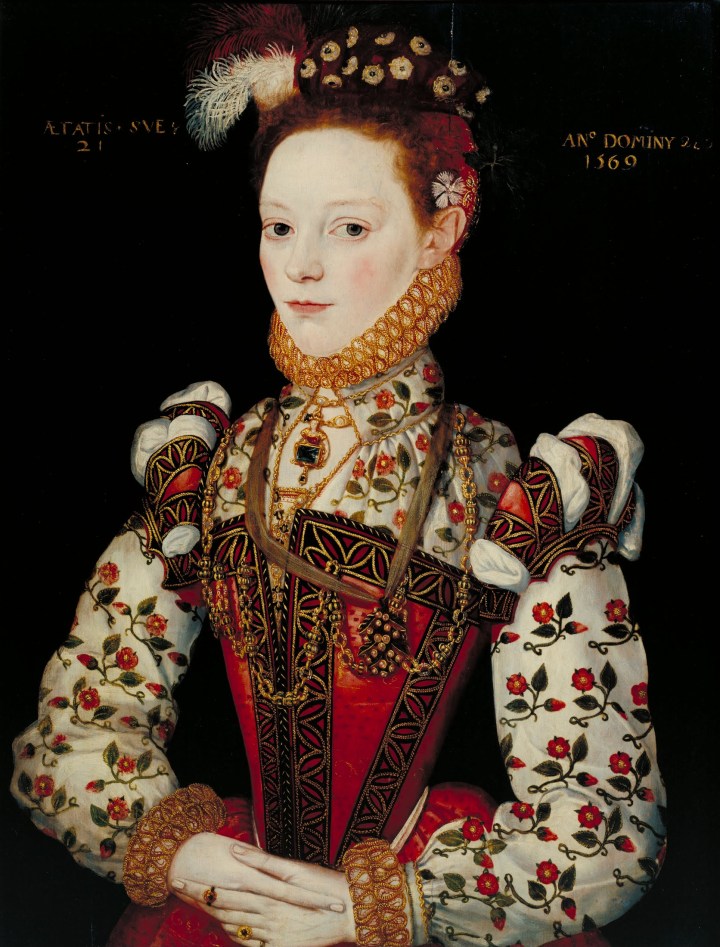 Portrait of a young woman by an unknown artist,1569. The sitter is almost certainly Helena, who is shown wearing around her throat a pendant in the form of a maiden head, the symbol of her future husband, William Parr, marquess of Northampton. She is wearing a high necked dress, with a red bodice, white sleeves with red flowers embroidered on them, and puffed shoulders. she has red hair, which is piled on top of her head. Her skin in pale and her eyes are pointing to the artist.