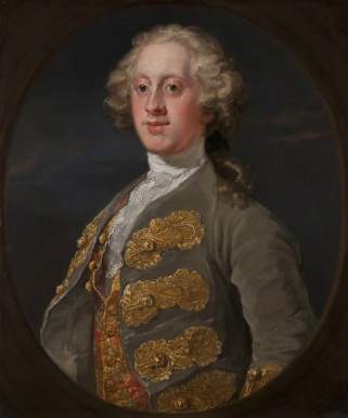Portrait of Devonshire in a white shirt with frilled cravat collar, red waistcoat with gold embroidery and grey jacket with gold embellishments. His grey hair is tied at the back, with short curls around his face.