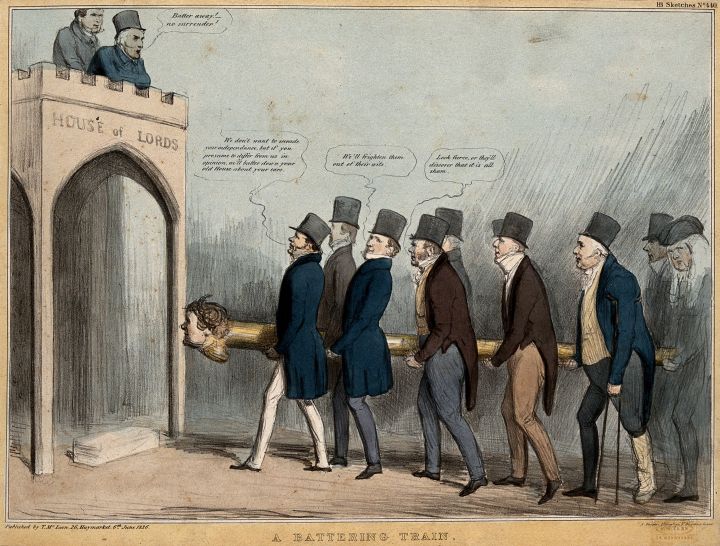 Two men standing high up on a crenelated building inscribed "House of Lords" peer down at a group of politicians in top hats carrying a battering ram with the head of Daniel O'Connell.