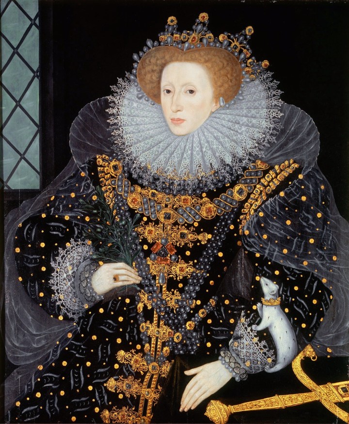 Half portrait of Queen Elizabeth I. She has pale skin and red hair arranged on top of her head, with a grey pearl crown with gold details and gems on top. She wears a large white lace ruff around her neck. Her dress is black, with grey details all over the sleeves and overskirt. The bodice is covered in gold embroidery and beading. A small white ferret sits in the crook of her left arm and a gold sword rests on a table to the left of the Queen. 