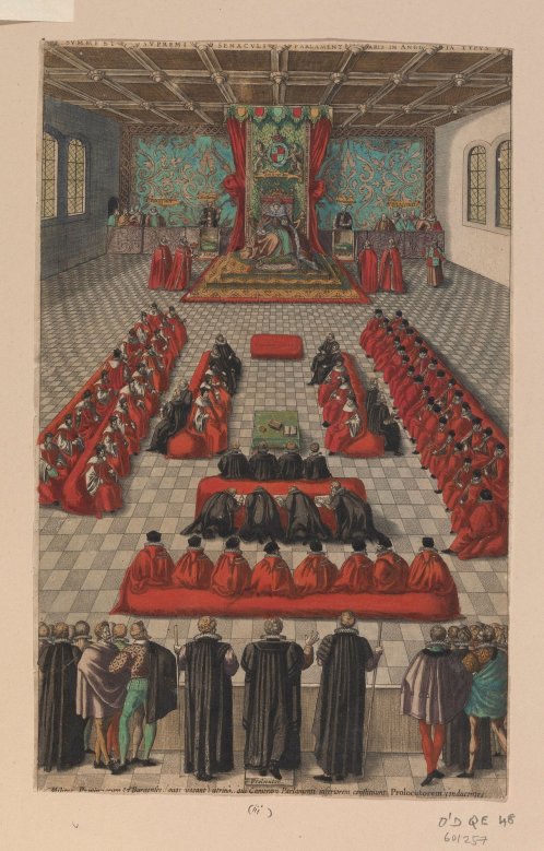 Engraving with hand colouring of Elizabeth I, Queen of England. Scene of the Queen, seated in Parliament. Figure of Elizabeth I at the head of the room, whole length with curled hair, crown, closed ruff, embroidered gown, and ermine robes, enthroned under a canopy, attended by members of the House of Commons. With Latin inscription.