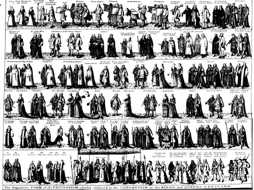 A black and white print. There are 6 rows and in each row are multiple people facing (walking towards) the left of the print. Above each person, or group of people, is writing. At the bottom it says 'The Magnificent form of the procession usually observed in the coronation of the Kings and Queens of England'.