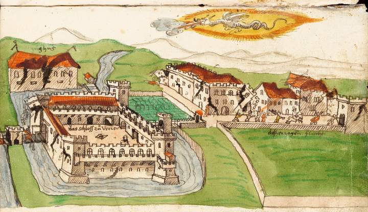 Simple painting of the city of Ferrara being destroyed by an earthquake. The city is set on green landscape with simple mountains behind it. A number of buildings, including a fort set in a moat, are shown with large cracks up their sides. Eight very small figures can be seen running down the street in fear. Above the town and mountains is a dragon, shown blowing a large gust of air and surrounded by bright yellow light.