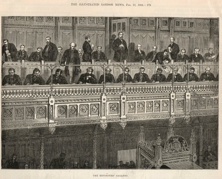 A black and white sketch of the reporters' gallery in the House of Commons. Sat across two rows are men in black suits observing the Commons from above on a balcony. Undearneath the balcony you can see the top of the Speaker's chair. 