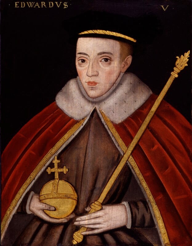 A half-length portrait of Edward V. In front of a black background, he is wearing a plain brown doublet, a royal red and gold detailed mantle, and a black hat with a gold rope detail. He is holding the royal regalia of the sceptre in his left hand and orb in his right. 
