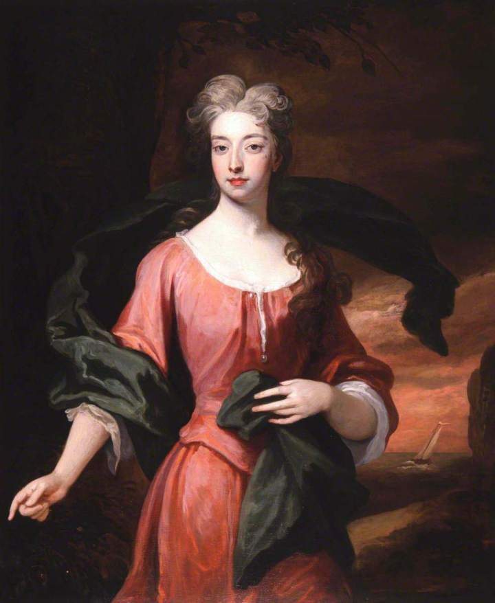 Oil painting quarter portrait of a woman. She has pale skin and curled grey hair (possibly a wig). She is wearing a red satin gown with a scooped neckline; a forest green shawl is blowing in the wind around her. Behind her is the sea and a boat can be seen sailing past.
