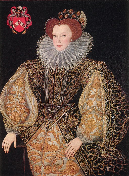 three quarter portrait of a woman wearing an elaborate black, gold and silver dress. She has red hair and pale skin, with rosy cheeks. A large lace ruff is around her neck. The dress is made of a black bodice and overskirt, a silver main skirt and sleeves, all covered with intricate gold embroidery. Strings of beads hang around her neck.