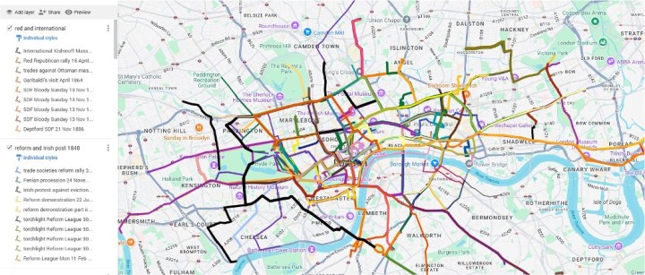 A screen grab of an interactive map of London processions, 1780-1980. It is a google map of the centre of London, with each route marked with a separate colour. 