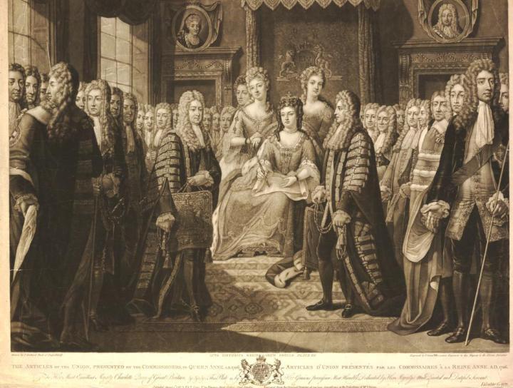 A mezzotint drawing of the Treaty of Union (Act of Union) being presented to Queen Anne. Queen Anne is seated on a throne in the centre, holding the sceptre, with scrolls on her lap, with two ladies either side. Men in long wigs are lining the room and the commissioners in front are holding embroidered cases.