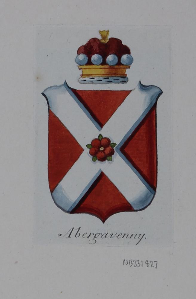 The coat of arms of Abergavenny; a red whield with white cross on the diagonal, a central rose; crown above.