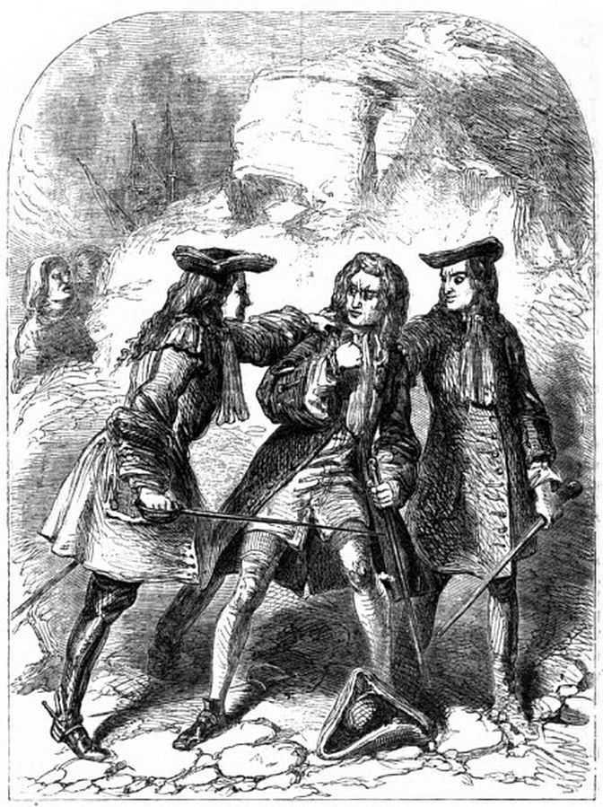 A sketch depicting the arrest of Sir John Fenwick. In the middle of the image stands Fenwik. He is wearing stocking and short pantaloons, with a long open dark jacket and tied scarf around his neck. In front of him is his tricorn hat on the floor. He is flanked either side by two men in long dark books, long buttoned jackets and wearing their tricorn hats, with swords in their hand, with their arms on him, arresting him. 