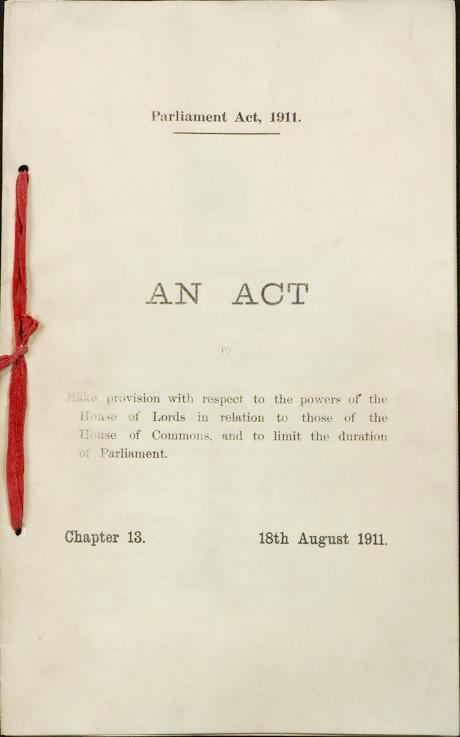 The cover of the Parliament Act, 1911. It reads 'An Act to make provision with respect to the powers of the House of Lords in relation to those of the House of Commons, and to limit the duration of Parliament. Chapter 13. 18th August 1911.'
It is bound together on the left hand side with a tied bit of red fabric. 