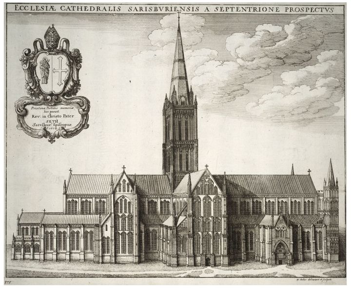 Line drawing of Salisbury Cathedral, in black ink on off white paper. The Cathedral takes up the entirety of the page, with clouds in the sky in the top right corner. On the left corner is a badge displaying the name of the reverend, and at the top of the image is a latin inscription. 