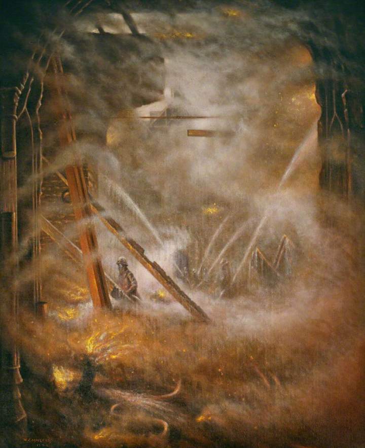 Painting of a burning building which has holes in its roof and falling timbers. It is filled with smoke. Firefighters are standing spraying water from hoses to quench the flames.