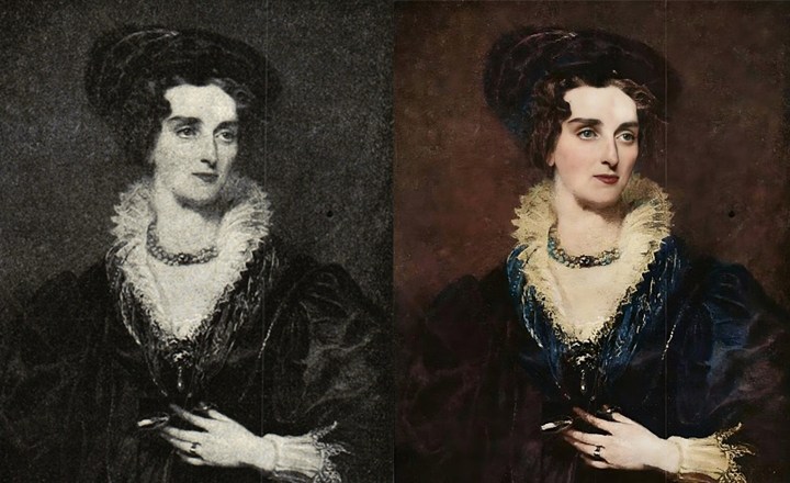 Two identical side by side portraits of Harriet Grote. On the right is the coloured portrait, which in front of a dark brown background, it is a half-length portrait where she is wearing a dark blue dress with a cream lace frilled collar and sleeve cuffs, and is wearing a beaded necklace with many shades of blue. She is wearing a dark red lipstick with very long dark brown hair tied up.
