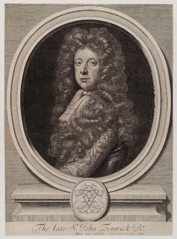 A half-length portrait line engraving of Sir John Fenwick. Sitting side on and looking to the front, he is wearing a floral detailed shirt with a frilled tied lace scarf. He is clean shaven and is wearing a  long curly wig. He is drawn in an oval frame on a low plinth. At the bottom of the image the caption reads 'The late Sir John Fenwick Bt.'