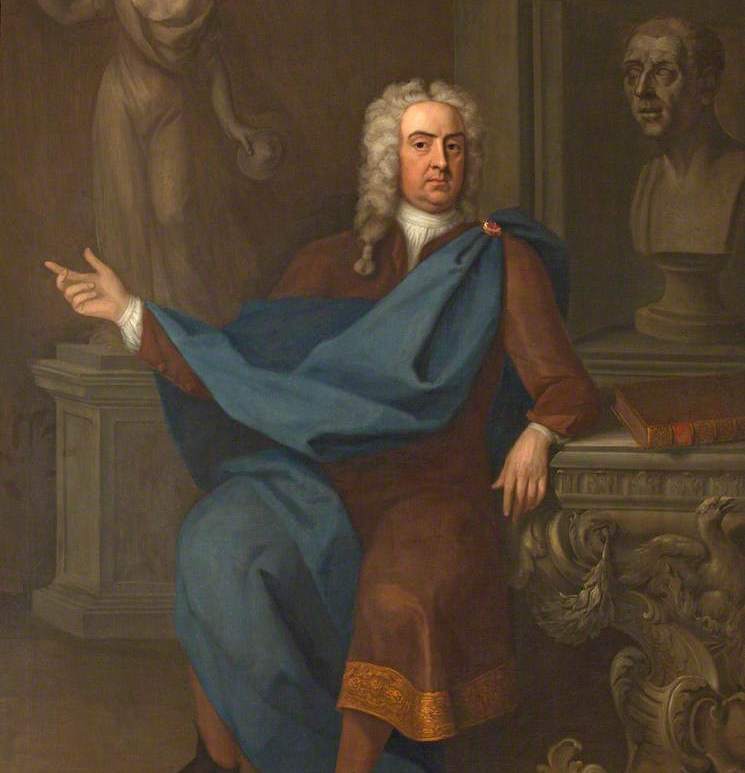 Painting of a man in 18th-century dress with a long grey wig, wearing a brown coat with a blue robe set among classical figures.
