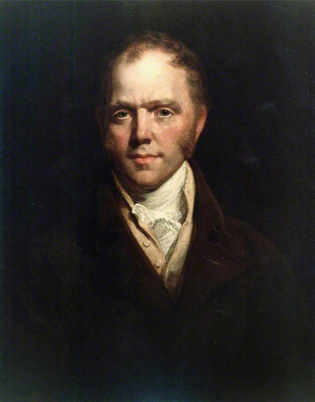 An oil painting of Josiah Wedgwood. The painting is a head and shoulders portrait with a solid black background. Wedgwood wears a white cravat, beige waistcoat and dark blazer jacket. 