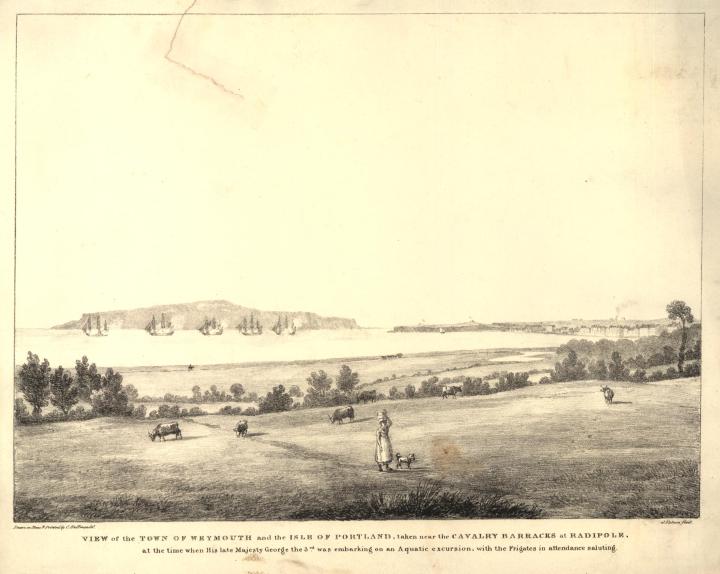 A rural landscape scene with a bay and town in the background. There are five ships in the bay and smoke coming out of the chimneys of the town. There are cows in the field and a woman carrying baskets on her head with a dog by her side. The caption underneath the pitcure reads: view of the town of Weymouth and the Isle of Portland, take near the calvalry barracks at Radipole, at the time when His late Majesty George the 3rd was embarking on an Aquatic excursion, with the Frigates in attendance saluting. 