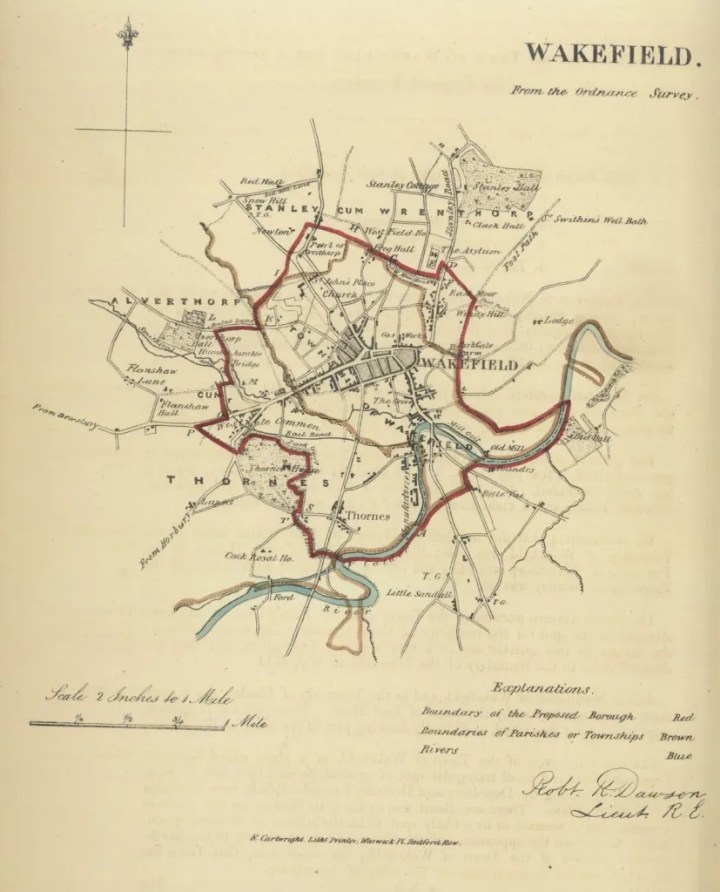 A map of Wakefield after the 1832 Reform Act. There is a red line which shows the proposed constituency boundary which was implemented in 1832.