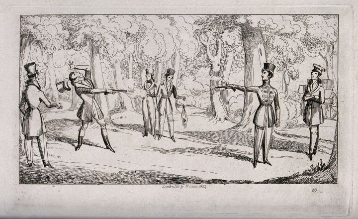 A black and white drawing showing six men in woodland wearing formal clothing and top hats. Two of them are aiming pistols at each other; one has been hit by a bullet and is shouting out in pain.