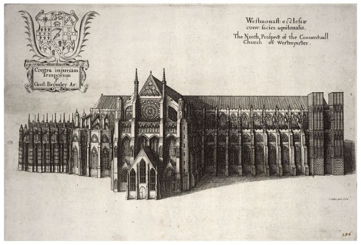 A black and white sketch of Westminster Abbey. It is drawn from the perspective of the north door at the front leading into the north transept. To the right runs the nave, and to the left is Henry VII's chapel. In the top right is the title: Weftmonaft: ecclefiae conv: facies aquilonalis. The North Prospect of the Conuentuall Church of Westmynster. In the top left is a sketch of a crest split into nine pieces, underneath it says 'contra injuriam Temporum P Guil: Bromley Ar:. 