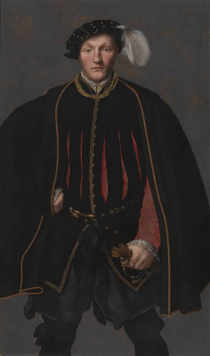 Painted portrait of a man, from the knee up. He is wearing a black doublet with faint red strips and red sleeves, black trousers, and a black cape with gold trim. He is wearing a black dotted bonnet with a white feather.