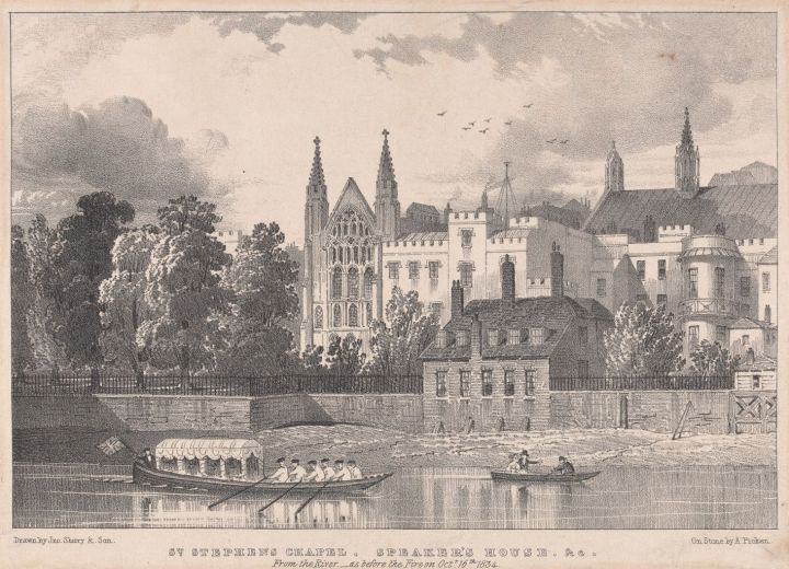 A black and white drawing of St Stephens Chapel and Speaker's House. In the foreground there is a river with two boats being rowed from left to right. Above the river in the background from left to right is a selection of tall trees, St Stephen's Chapel with stained glass windows facing the front and two spires besides them, then next to it a white more modern building with crenellations across the top of the building, which is Speaker's House. 