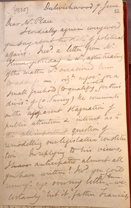 A picture of a letter written by Harriet Grote to Francis place. 