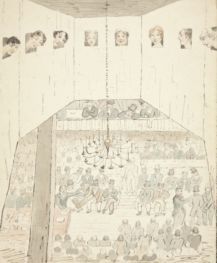 A painting of the ventilator in the chamber of the House of Commons. At the top of the painting is the ventilator in the roof of the Commons, from the small square grates, eight women are looking through them on the debate below. In the middle of the roof a chandelier hangs. The Commons floor is a full debate with men in their top hats. 