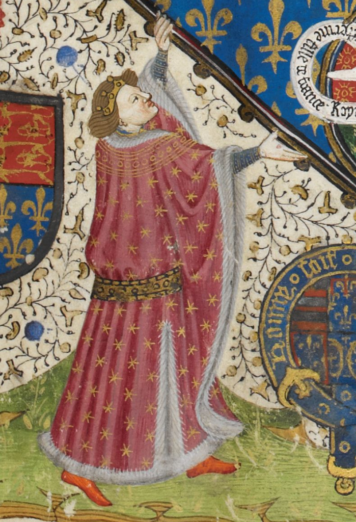 Illustration of Humphrey, duke of Gloucester. Humphrey is wearing a small crown and a long red cloak with fur detail around the edges. He is holding up a giant fleur-de-lys, tracing the ancestry of Henry VI back to Saint Louis IX and representing Henry's claim to the kingdom of France.