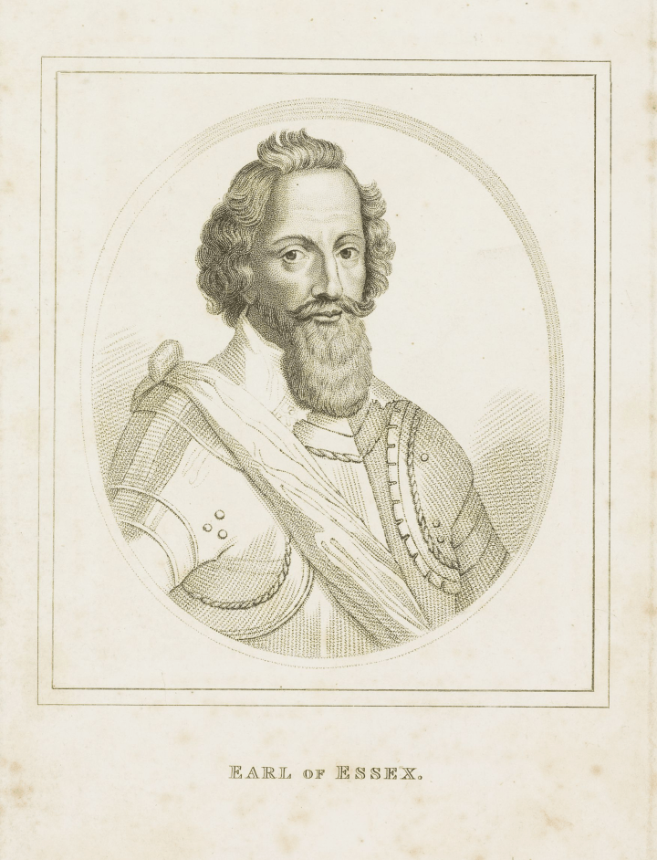 Black and white portrait of Robert Devereaux, 2nd earl of Essex. Essex is wearing ceremonial armour, with a sash and large collar. He has a long beard and moustache, and pushed back shoulder-length hair. 