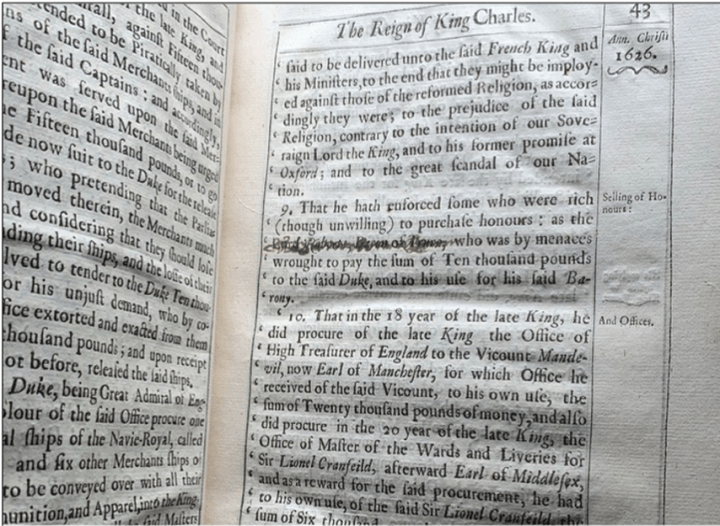 Image of a page of John Robartes' copy of Hamon L'Estrange, The Reign of King Charles (1655). The page has a large block of printed text.