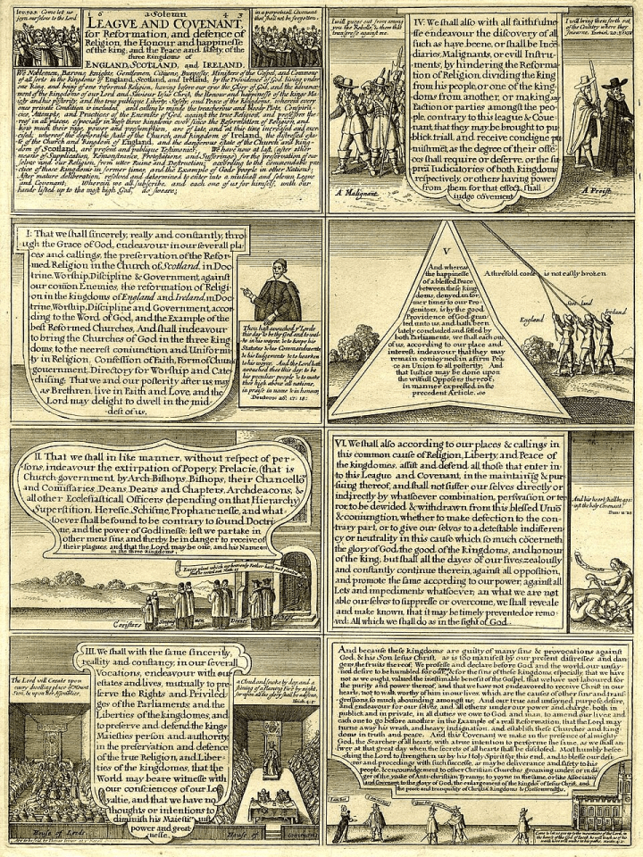 Illustrated etching of 'A Solemn League and Covenant' by Wenceslaus Hollar. Eight clauses of the Covenant are illustrated in separate scenes; upper left corner, title and text flanked by members of the Lords and the Commons swearing with raised hands; below, half-figure of puritan divine pointing to long shield with text; below, two "Coristers", and six "Singing men", "Deanes" and "Bishops" expelled from a church, with text within inverted shield above; below, text within shield between two scenes of the House of Lords and the House of Commons; top right, text within shield between scene of "A Malignant" (i.e., a royalist) arrested by soldiers at left and man with long staff arresting "A Preist" at right; below, three men hauling on three untwisted strands, labelled "England", "Scotland", "Ireland", of a rope that reaches the sky, with text within star-shaped cartouche at left; below, man tying another man's neck to his ankles, beside a large square panel with text; below, scene a woman and four men, one of whom walks towards a church, with text above.