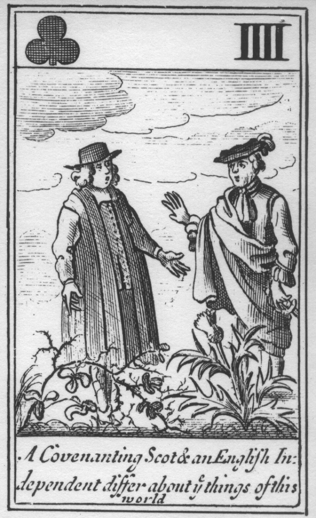 Facsimilie depicts a Scottish Covenator and English Independent (Puritan) arguing. Below the caption reads: 'A Covenating Scot & an English Independent differ about things of this world.' 