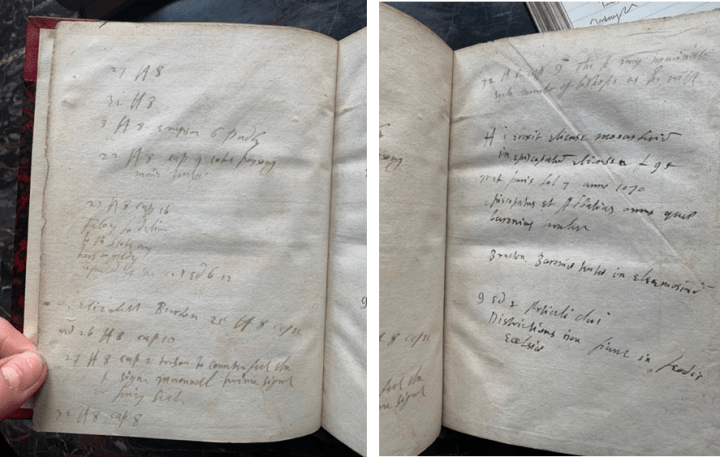 Two images of the book Proteleia, owned by John Robertes. On blank pages of the book there are various handwritten jottings mentioning various treason statues. 