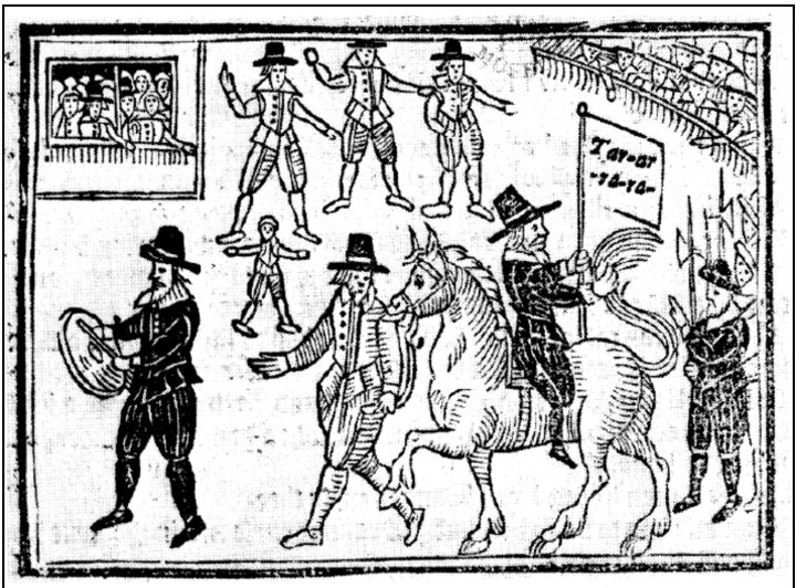 A woodcut of a man on a horse holding a flag leading a procession, which in turn is led led by two men, one of whom is banging a drum. Crowds in the background watch the procession.