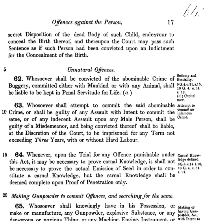 A section of the Offences Against the Person Act, defining unnatural offences. It reads:
Offences against the Person.
secret Disposition of the dad Body of such Child, endeavour to conceal the Birth thereof, and thereupon the Court may pass such Sentence as if such Person had been convicted upon an Indictment for the Concealment of the Birth. 
Unnatural Offences.
62. Whosoever shall be convicted of the abominable Crime of Buggery, committed either with Mankind or with any Animal, shall be liable to be kept in Penal Servitude for Life.
63. Whosoever shall attempt to commit the said abominable Crime, or shall be guilty of any Assault with Intent to commit the same, or of any indecent Assault upon any Male Person, shall be guilty of a Misdemeanor, and being convicted thereof shall be liable, at the Discretion of the Court, to be imprisoned for an Term not exceeding Three Years, with or without Hard Labour. 
64. Whenever, upon the Trial for any Offence punishable under this Act, it may be necessary to prove carnal Knowledge, it shall not be necessary to prove the actual Emission of Seed in order to constitute a carnal Knowledge, but the carnal Knowledge shall be deemed complete upon Proof of Penetration only. 
