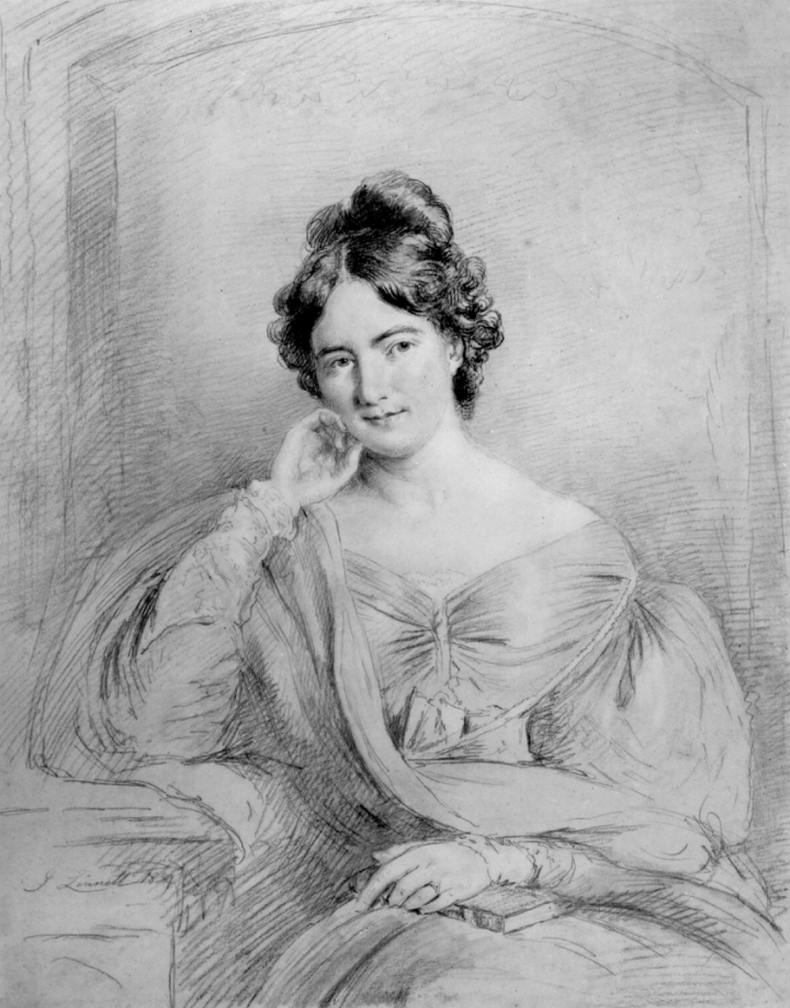 A black and white pencil sketch of Sarah Austin. Sitting down, she is wearing a billowy dress with long sleeves. In her left hand she is holding a book and her right hand is resting on a table and her hand is by her face. She has dark hair with her hair tied up. 