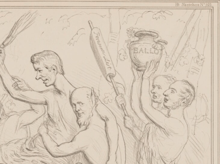 A cropped pencil sketch titled March of Silenus. Dressed in tunics, George Grote raises an urn with 'Ballot' inscribed on it, a man behind him is holding a flag, to the left a man depicted with pointy ears looks back at Grote, with his hands around the waist of another man looking forward wielding a set of sticks as a whip. 