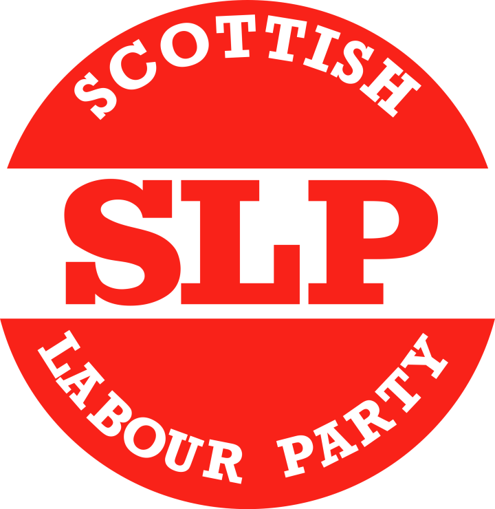 Logo of the Scottish Labour Party (1976-1981). The logo is ar red circle, with the letters 'SLP' emblazoned across the middle, with the word 'SCOTTISH' running along the top curve of the logo, and the words 'Labour Party' along the bottom. 