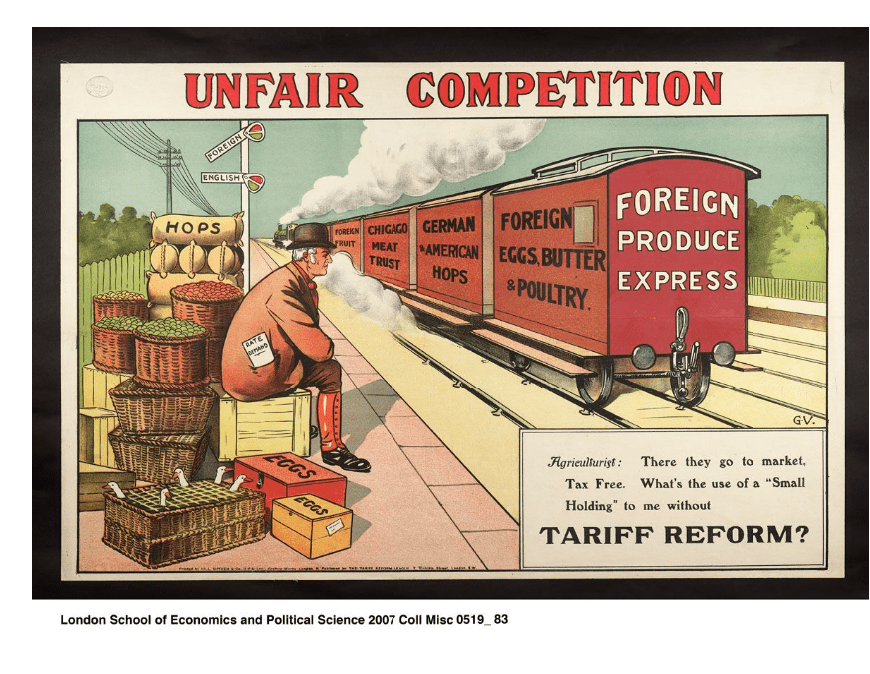 A colourful election poster produced by the Tariff Reform League. A farmer sits on a railway platform with crates and baskets of produce, watching a train called the Foreign Produce Express loaded with foreign produce, steaming past. He laments the need for tariff reform.