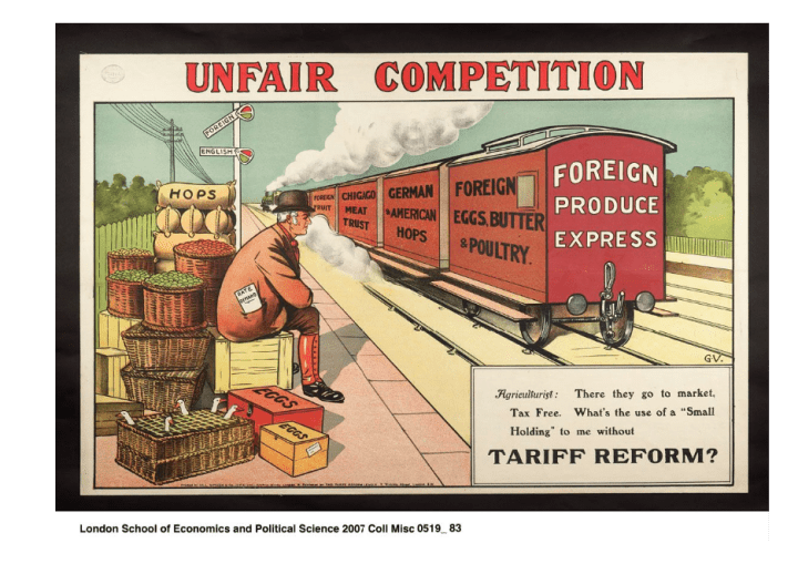 A colourful election poster produced by the Tariff Reform League. A farmer sits on a railway platform with crates and baskets of produce, watching a train called the Foreign Produce Express loaded with foreign produce, steaming past. He laments the need for tariff reform.